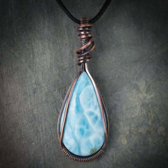 Larimar Large Teardrop Wire Wrapped Pendant - Picture 1 of 2